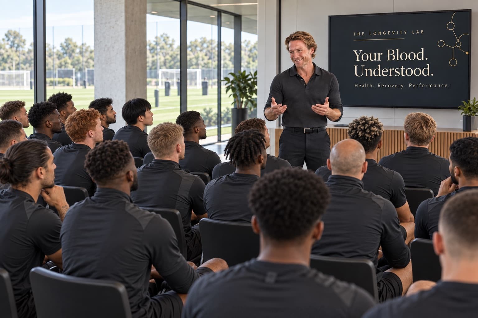 Illustrative scene of a Longevity Lab presenter giving a blood-testing and health talk to a full sports squad at a training facility.