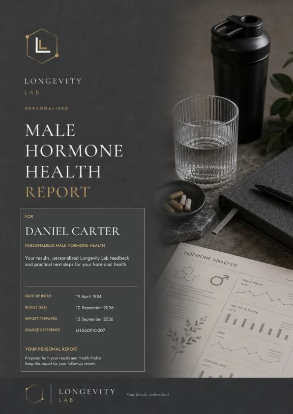 Cover of the fictional Male Hormone Health sample report for Daniel Carter