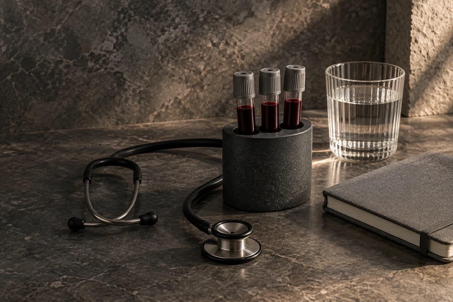 Sealed blood sample tubes, a stethoscope and a textured journal arranged on charcoal stone.