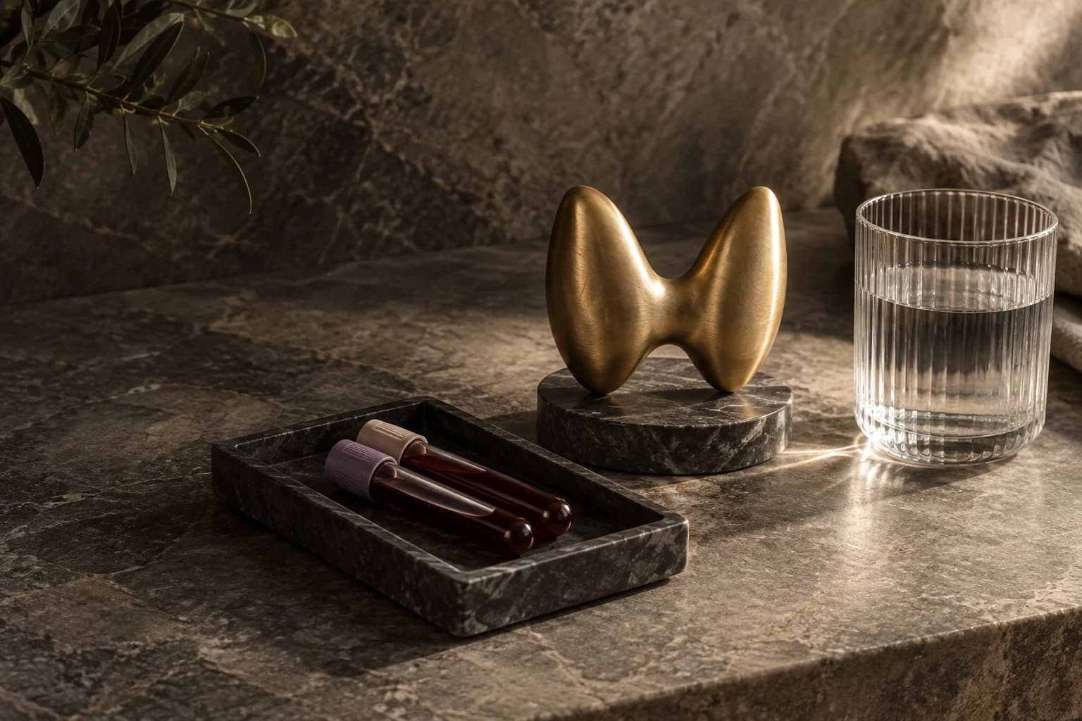 A brushed-brass butterfly-shaped sculpture with sealed blood sample tubes and a ribbed water glass.