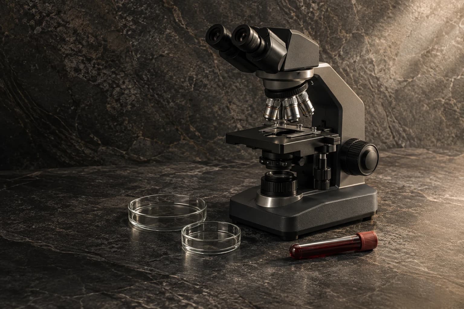 A research microscope, specimen dishes and a sealed sample tube in a softly lit scientific still life.