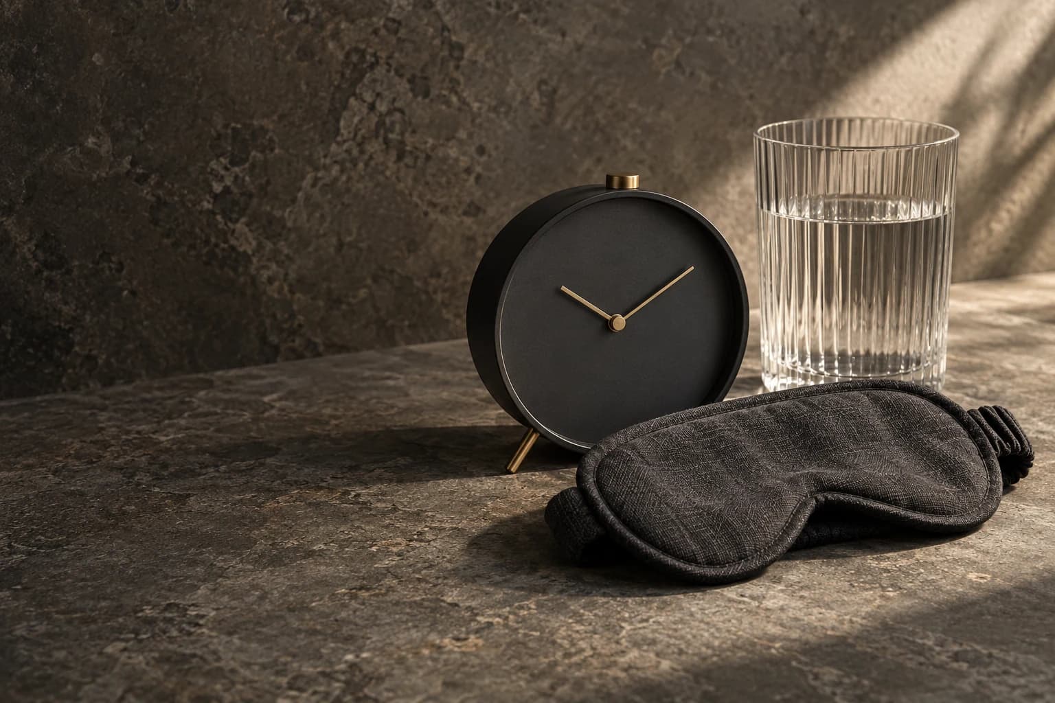 An analogue alarm clock, linen eye mask and ribbed water glass in soft morning light.
