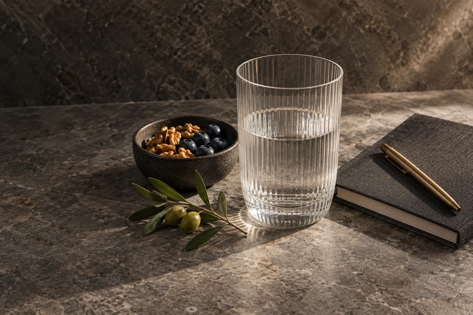 Ribbed water glass, a bowl of walnuts and berries, and a linen journal on warm grey stone.