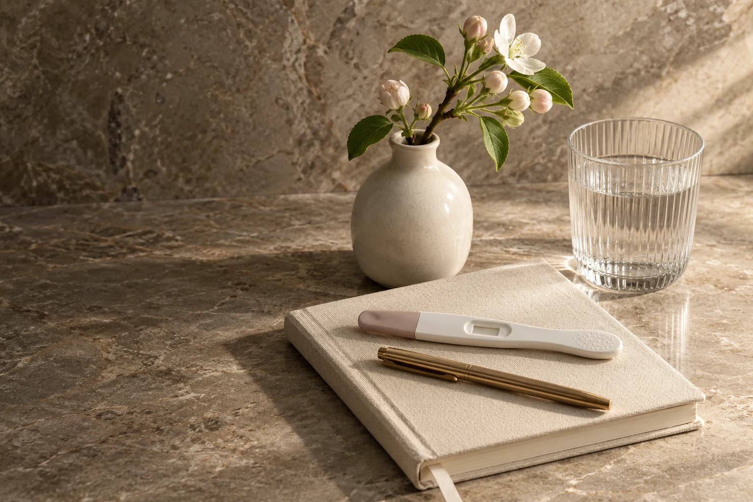 Budding blossom, an ovulation test and a cream journal with a brass pen.