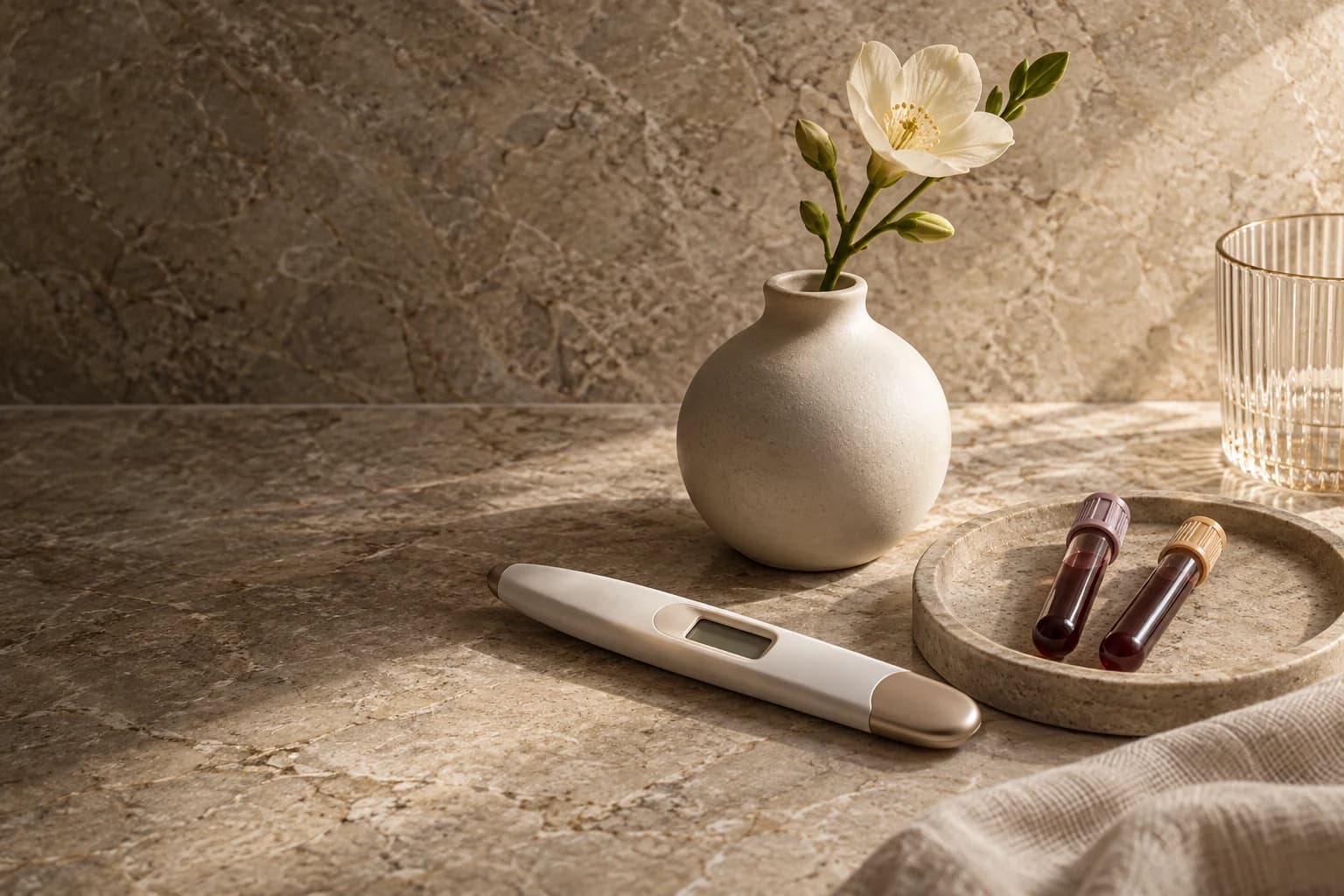 Pale blossom, a cycle tracking instrument and sealed blood sample tubes on warm taupe stone.