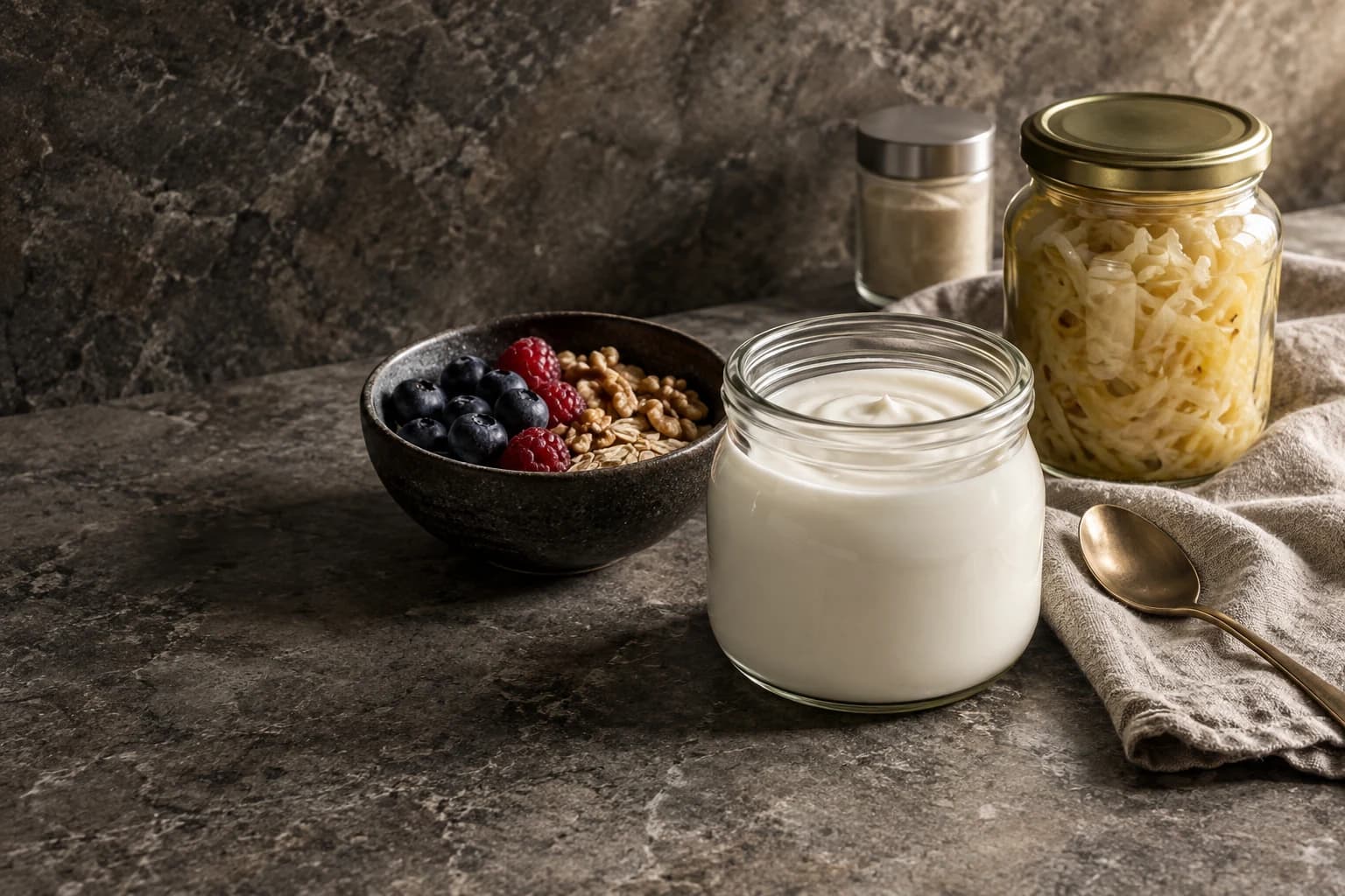 Yoghurt, fermented cabbage, berries, oats and walnuts in a composed stone tabletop setting.