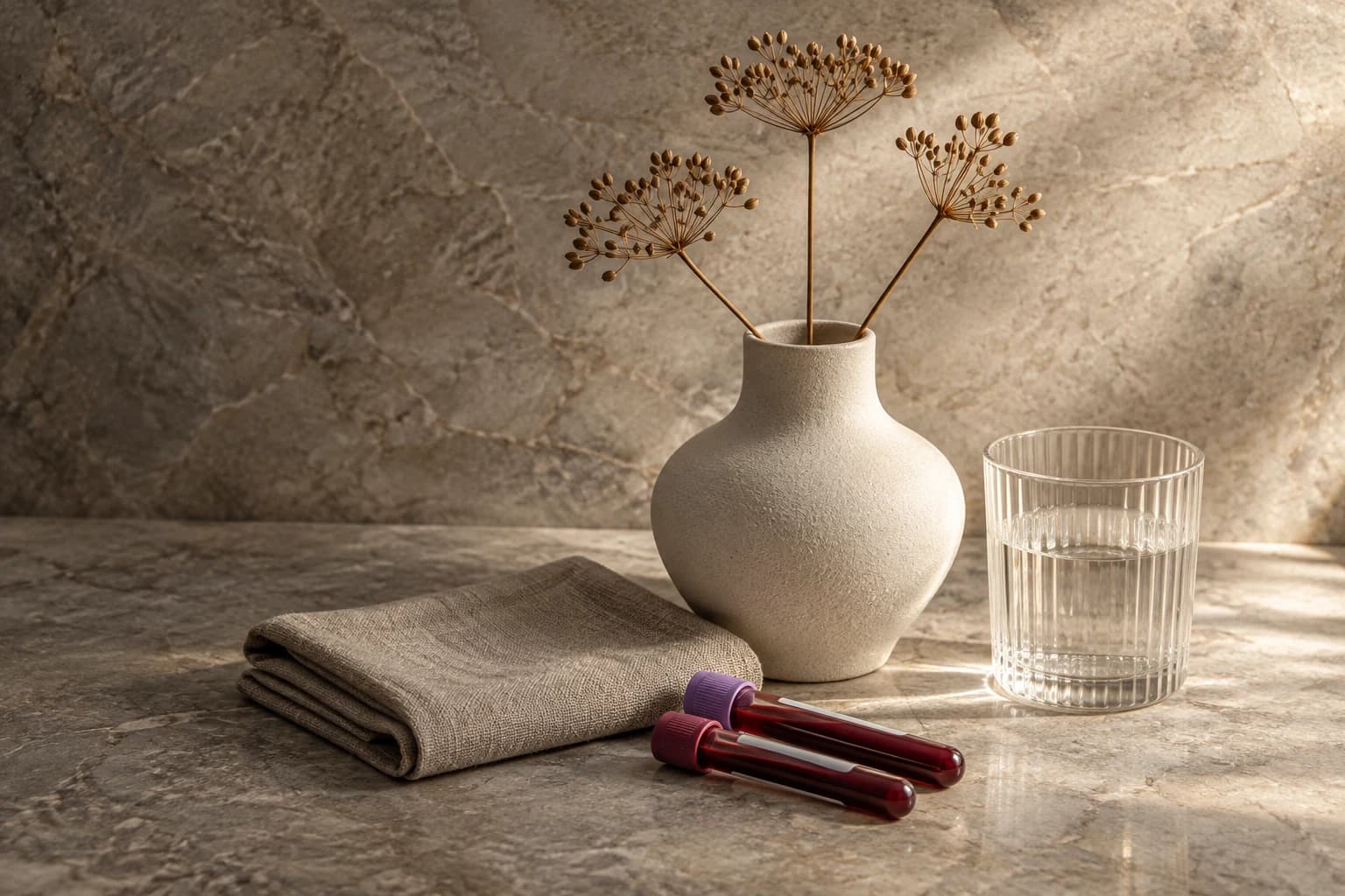 A cream ceramic vase, natural linen, sealed blood sample tubes and a ribbed water glass.