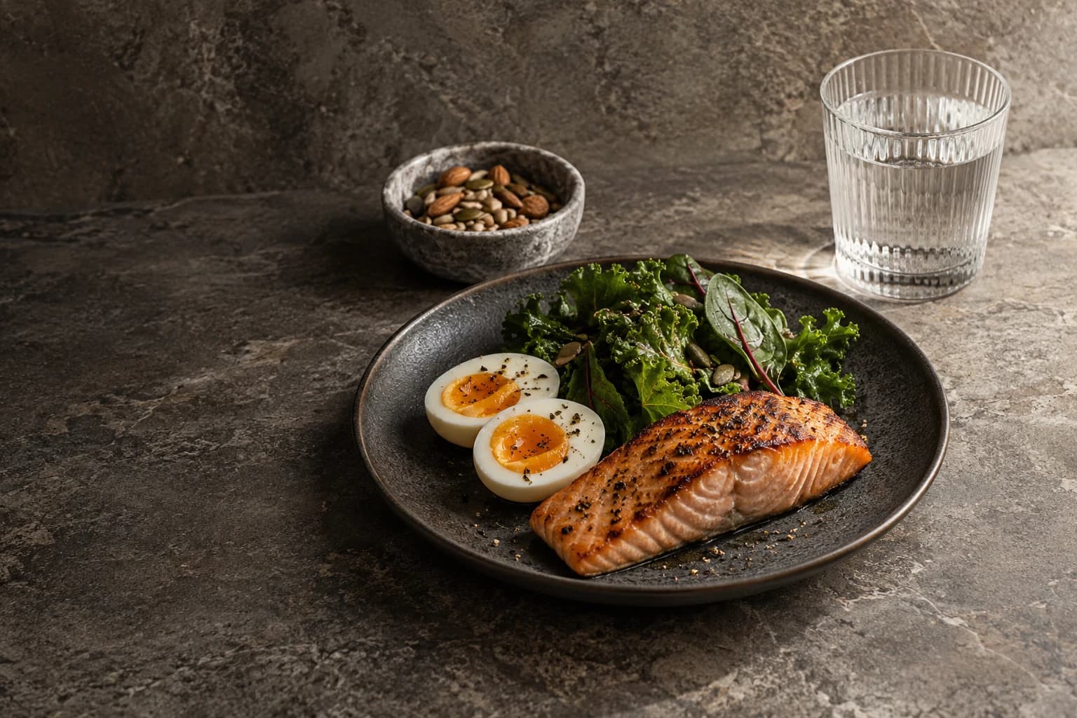 Salmon, egg and leafy greens on a charcoal plate beside a small bowl of nuts and seeds.