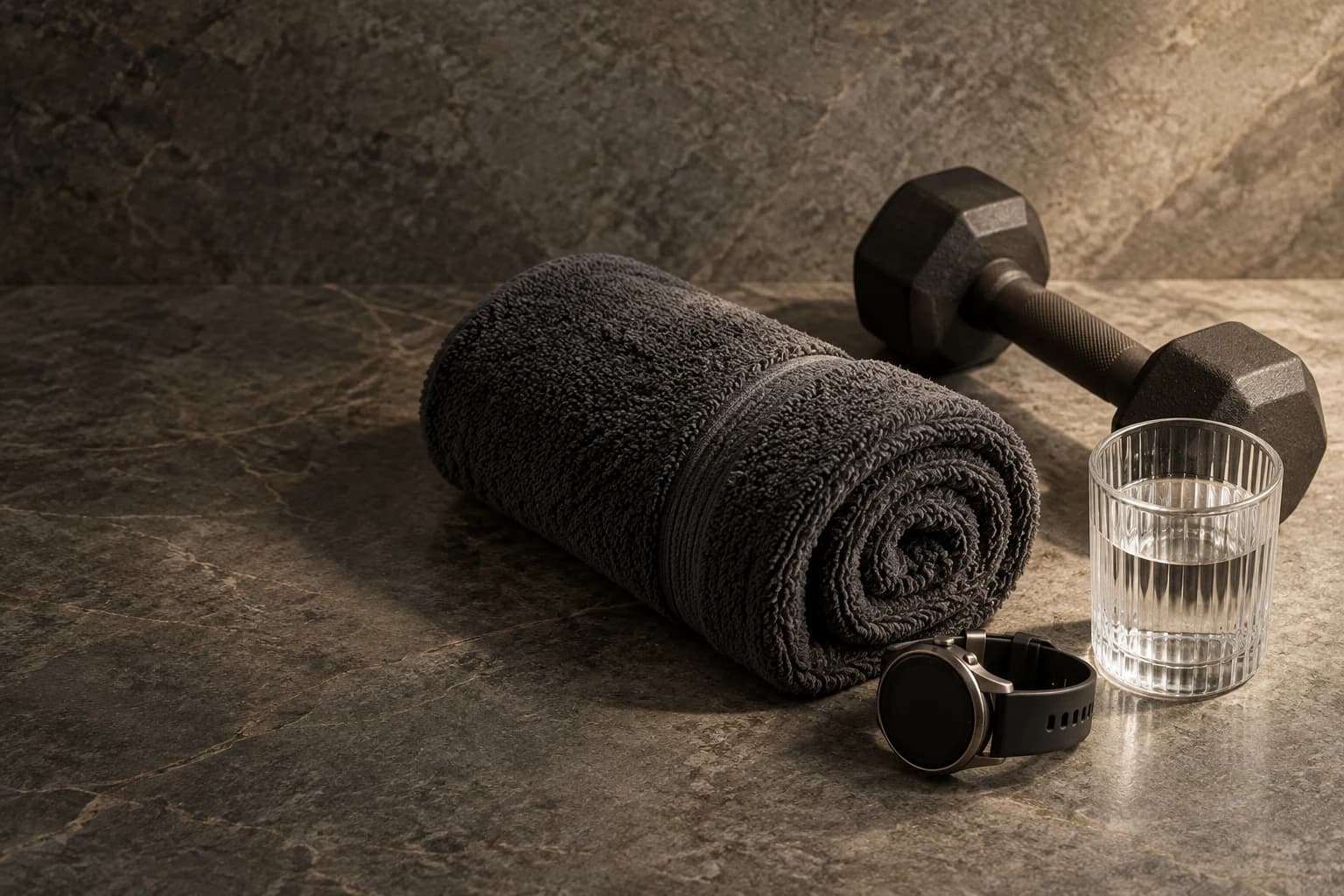 A dark dumbbell, exercise towel, training watch and water glass on mineral grey stone.