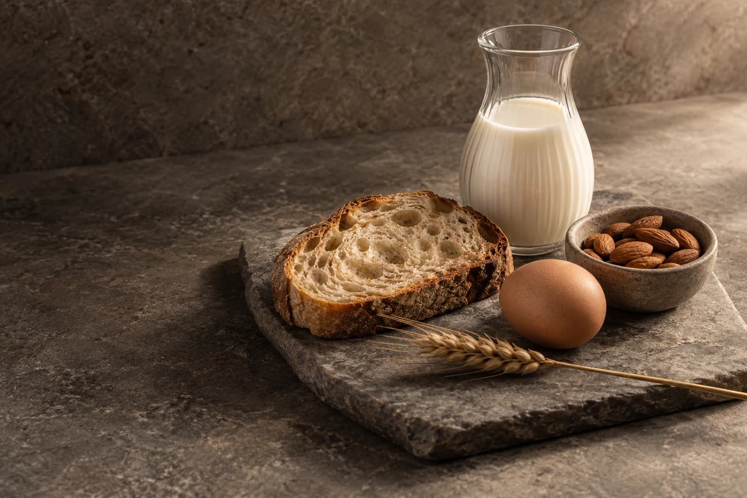 Sourdough, an egg, a milk carafe and almonds arranged on grey stone.