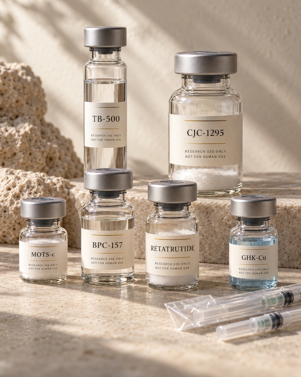 Research-labelled peptide vials containing powder and liquid, with capped sterile syringes on warm limestone